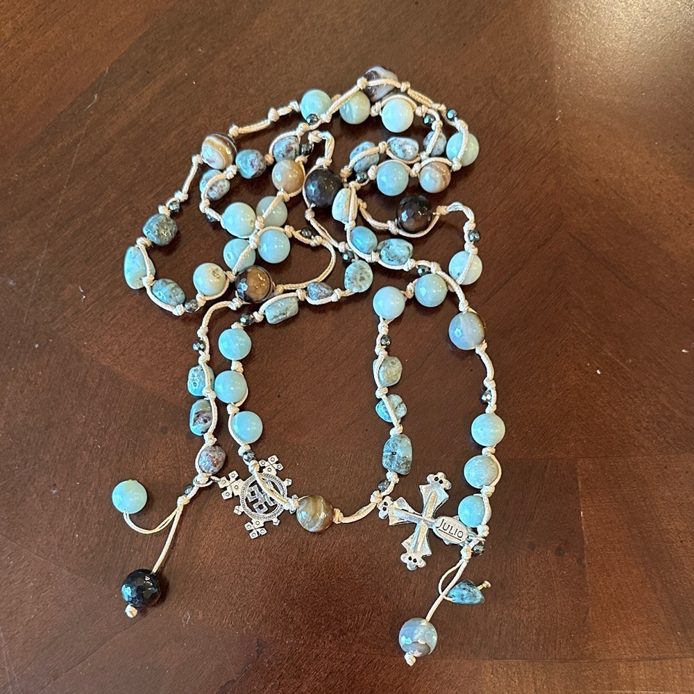 Rosary Style Long Wrap Blue and Turquoise Bead Necklace with Silver Charms